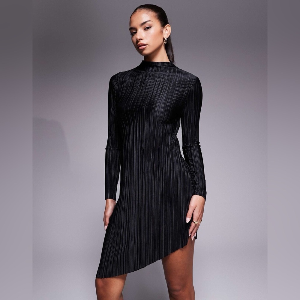 ASOS Black plisse asymmetric hem mini dress
